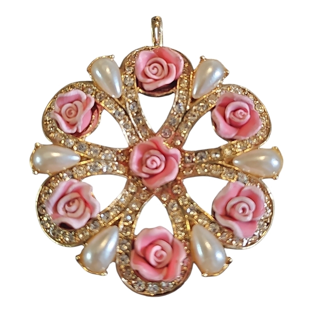 Vintage Nina Ricci Pink Roses Pearls Gold Tone Pendant Brooch
